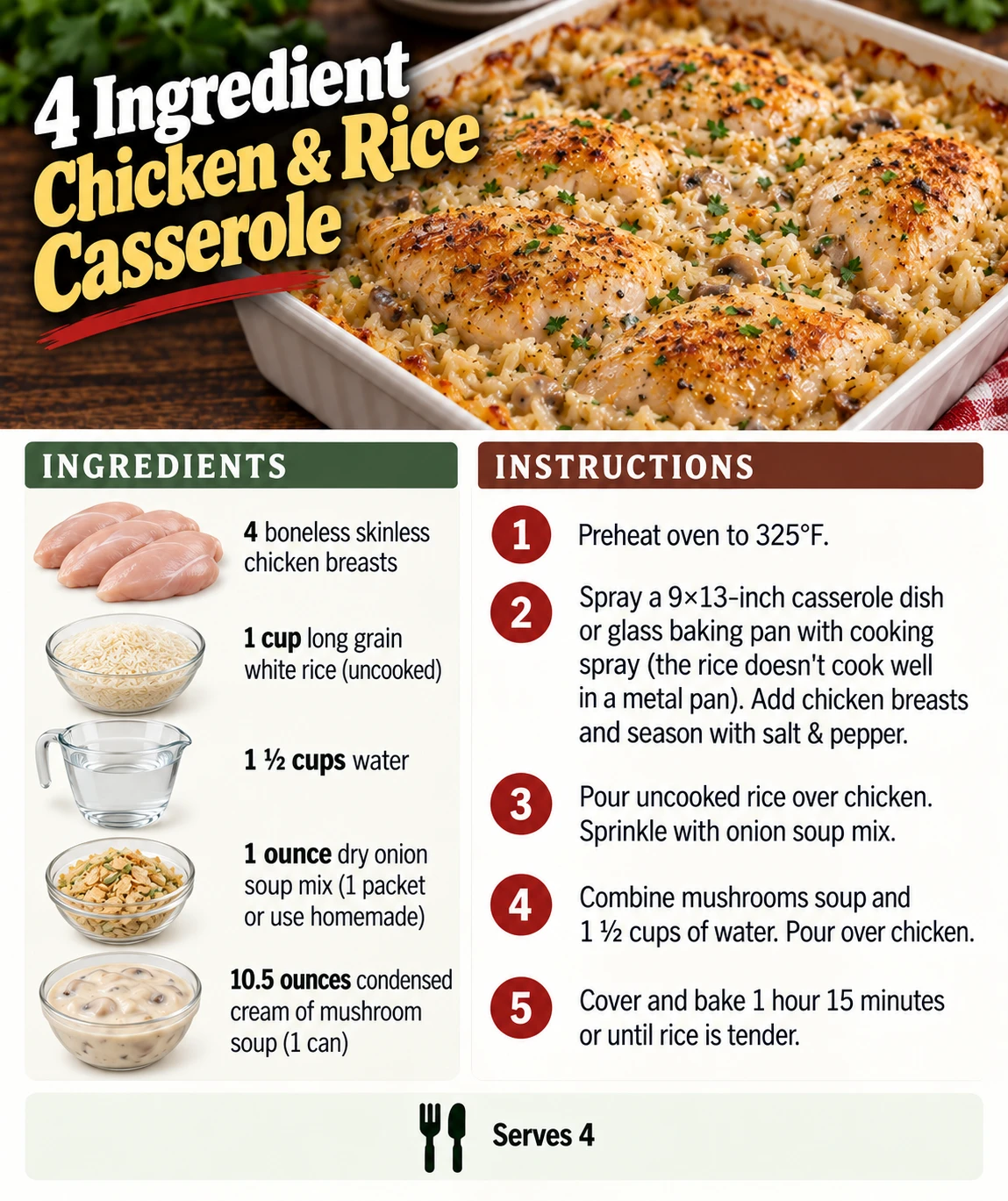 Saved 4 Ingredient Chicken & Rice Casserole recipe card; accessible ingredients and instructions are listed above.