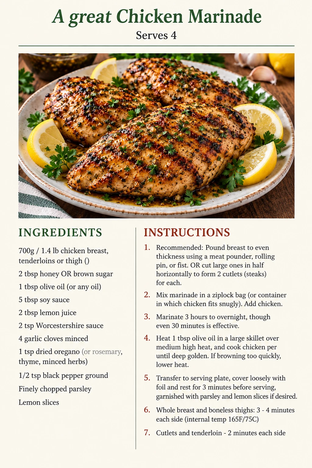 Saved A great Chicken Marinade recipe card; accessible ingredients and instructions are listed above.