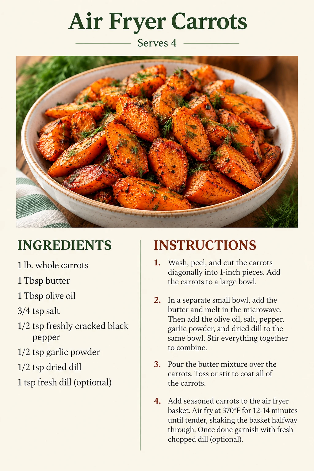 Saved Air Fryer Carrots recipe card; accessible ingredients and instructions are listed above.