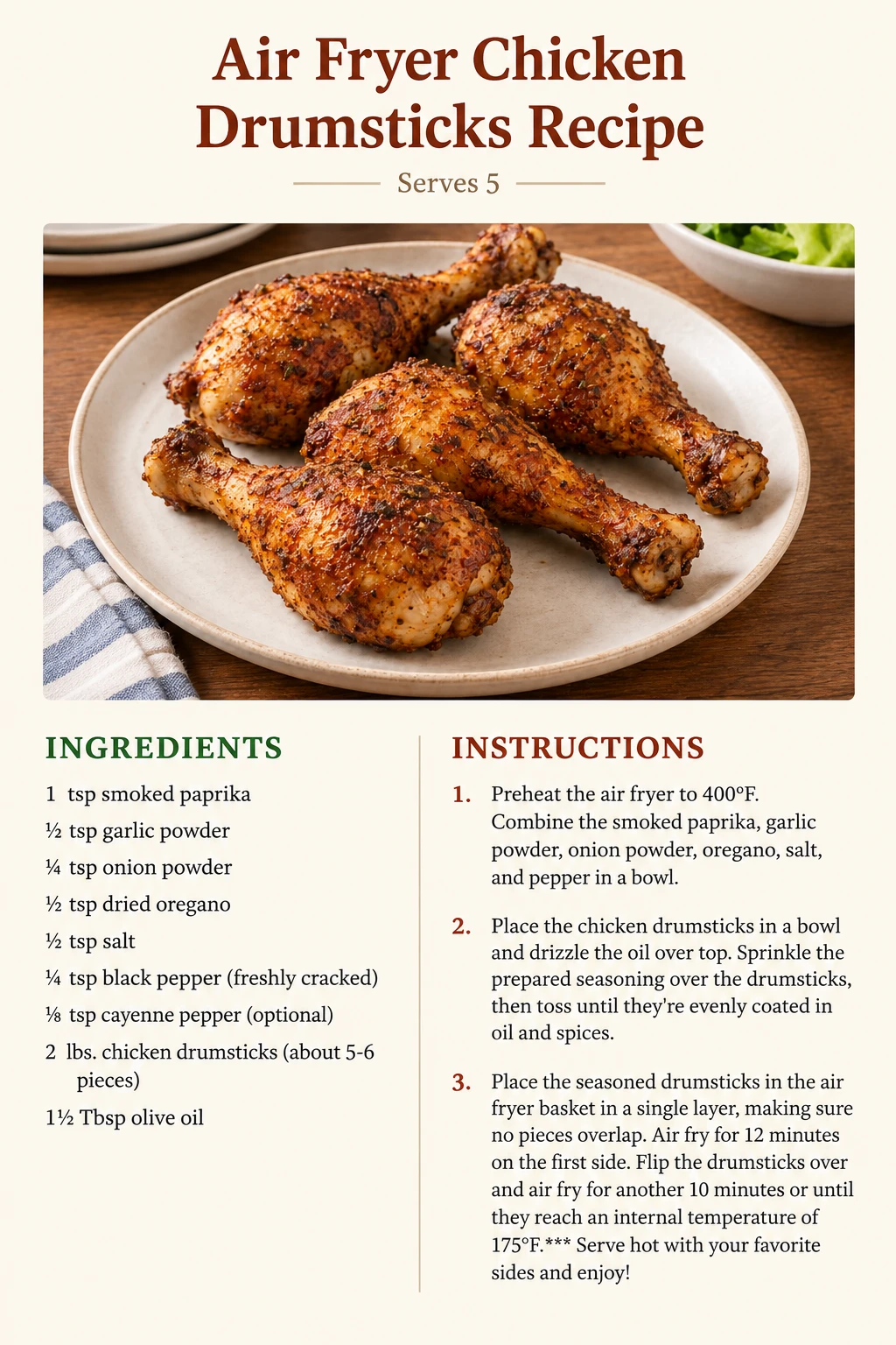 Saved Air Fryer Chicken Drumsticks Recipe recipe card; accessible ingredients and instructions are listed above.