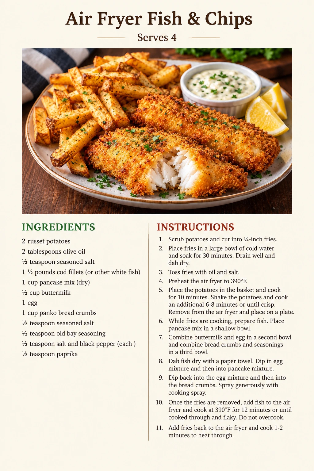 Saved Air Fryer Fish & Chips recipe card; accessible ingredients and instructions are listed above.