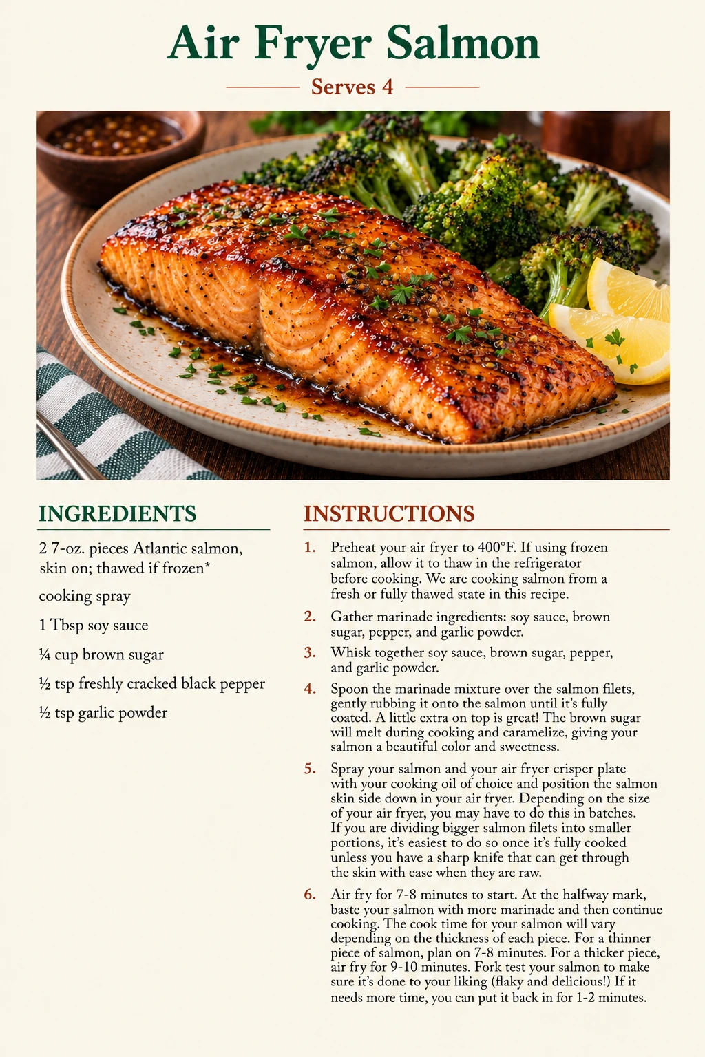Saved Air Fryer Salmon recipe card; accessible ingredients and instructions are listed above.