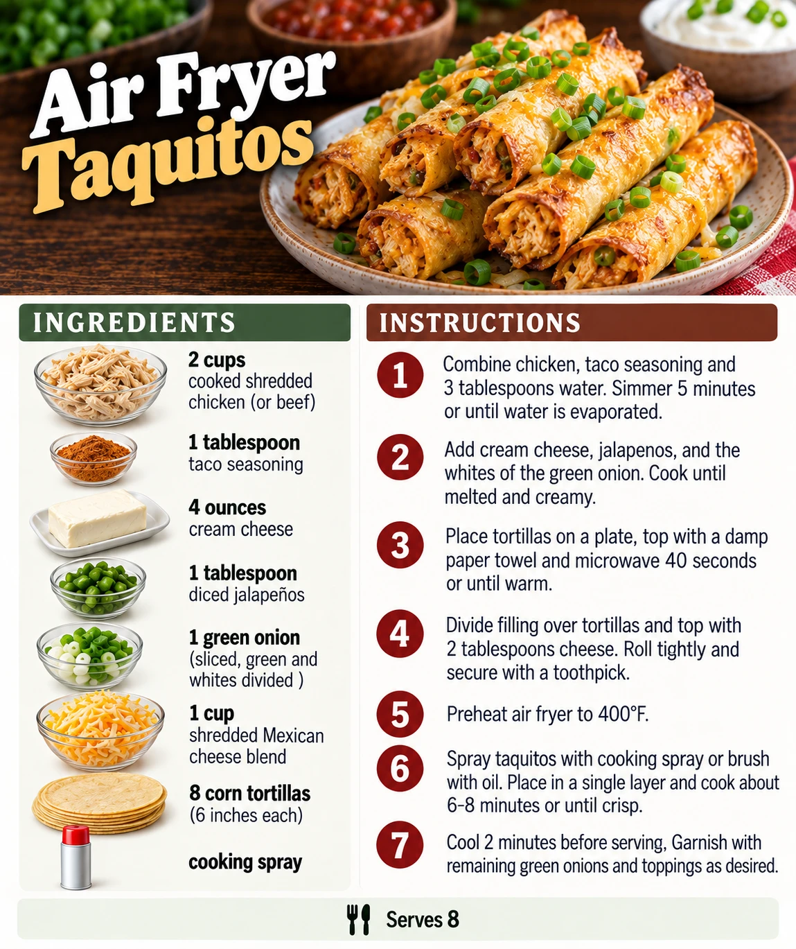 Saved Air Fryer Taquitos recipe card; accessible ingredients and instructions are listed above.