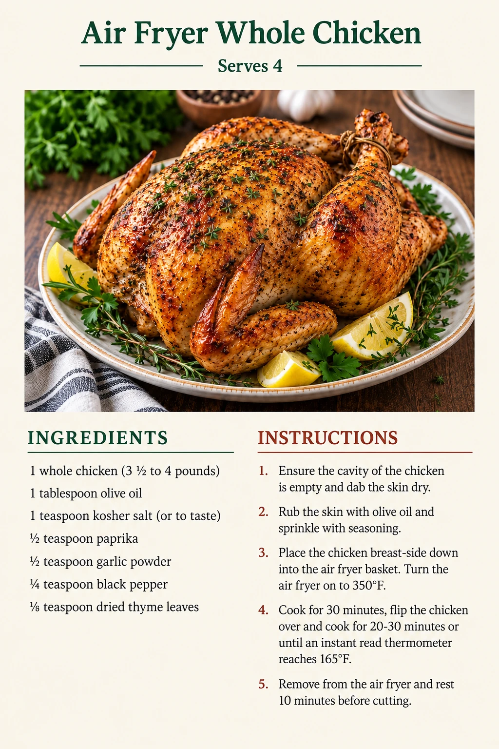 Saved Air Fryer Whole Chicken recipe card; accessible ingredients and instructions are listed above.