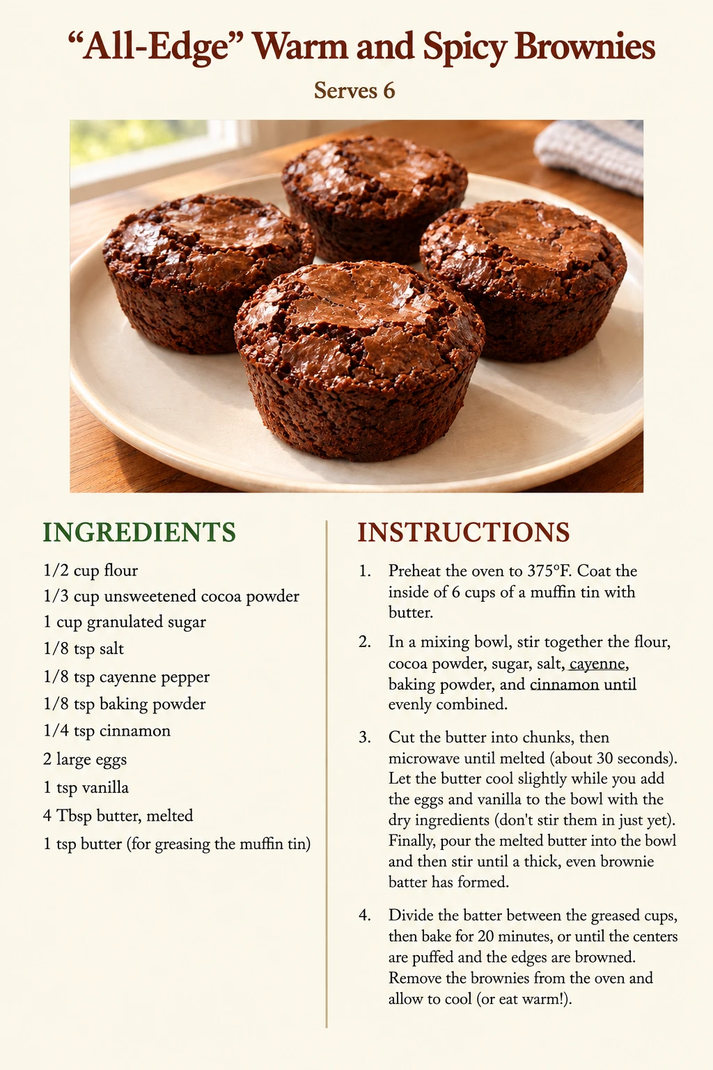 Saved "All-Edge" Warm and Spicy Brownies recipe card; accessible ingredients and instructions are listed above.