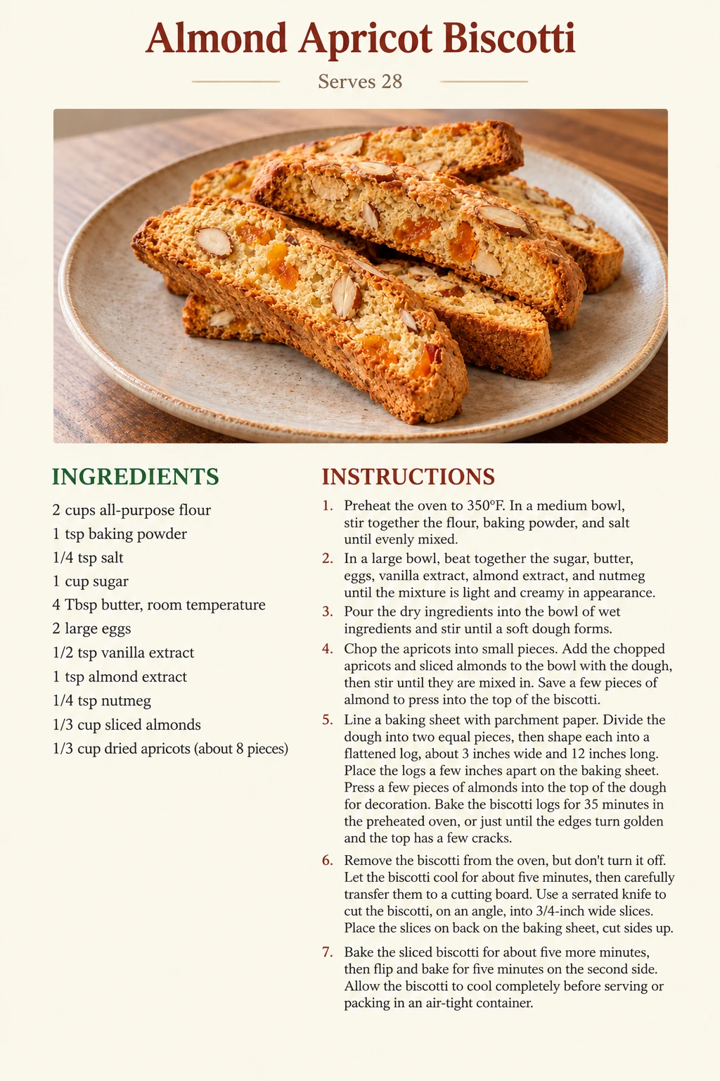 Saved Almond Apricot Biscotti recipe card; accessible ingredients and instructions are listed above.