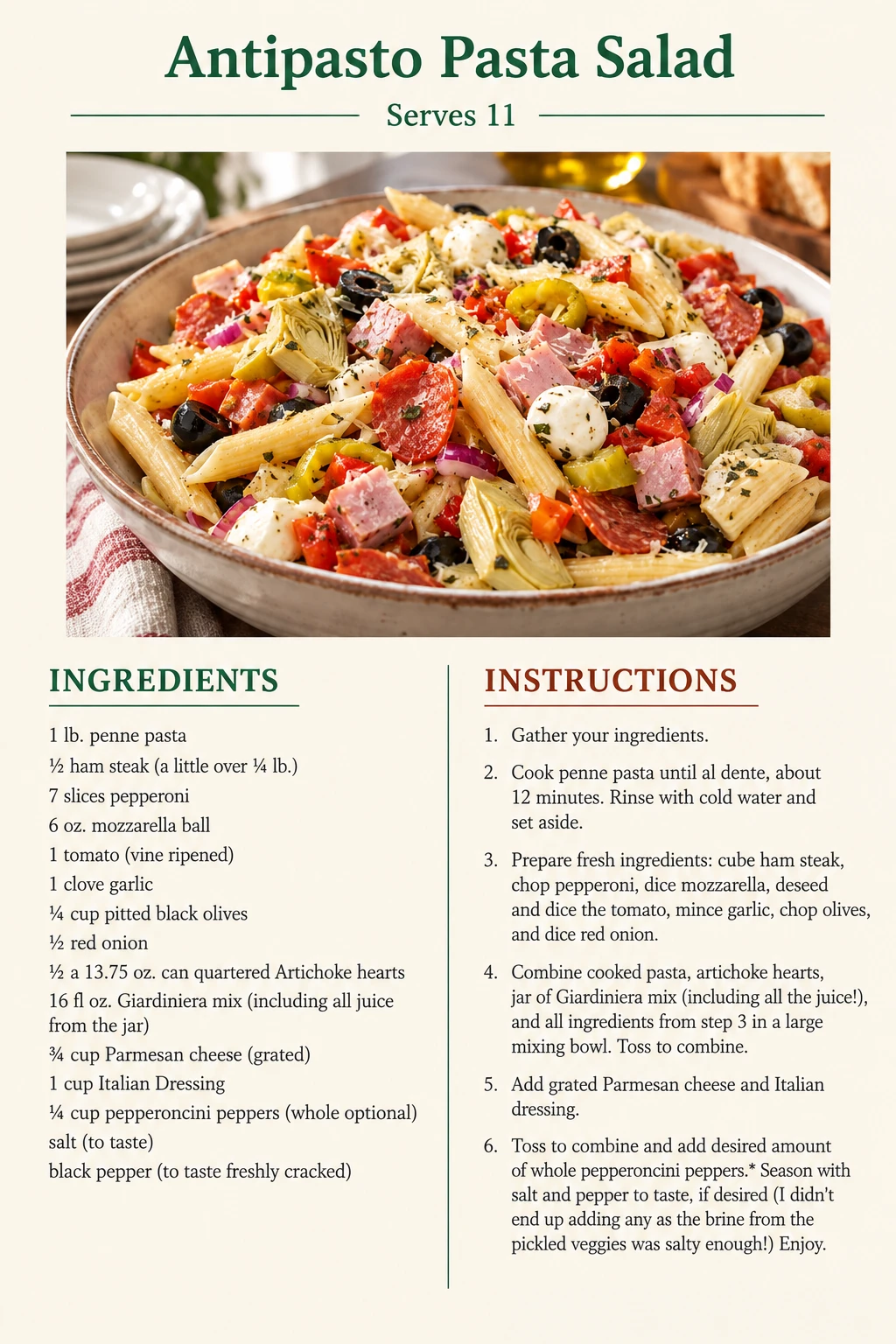 Saved Antipasto Pasta Salad recipe card; accessible ingredients and instructions are listed above.