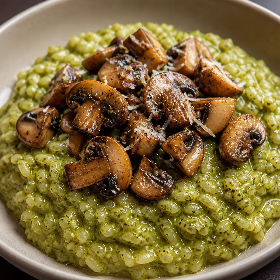Arugula and Basil Pesto Risotto with Sauteed Mushrooms — serving inspiration