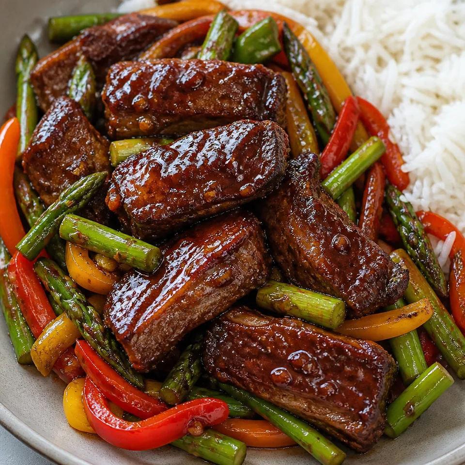 Asian BBQ Ribs with Stir Fry Vegetables and Rice — serving inspiration