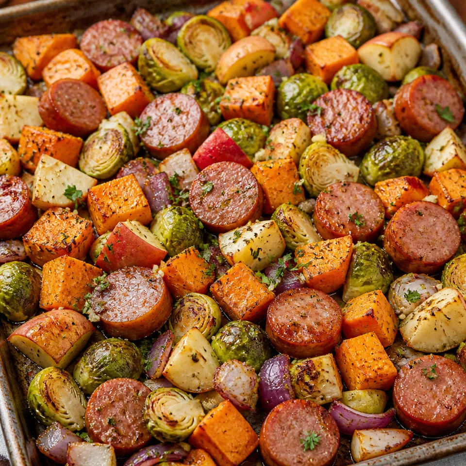 Autumn Sausage Veggie and Apple Sheet Pan Dinner — serving inspiration