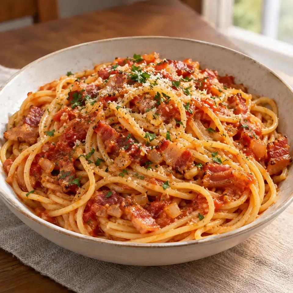 Bacon Pasta with tomato pasta sauce — serving inspiration