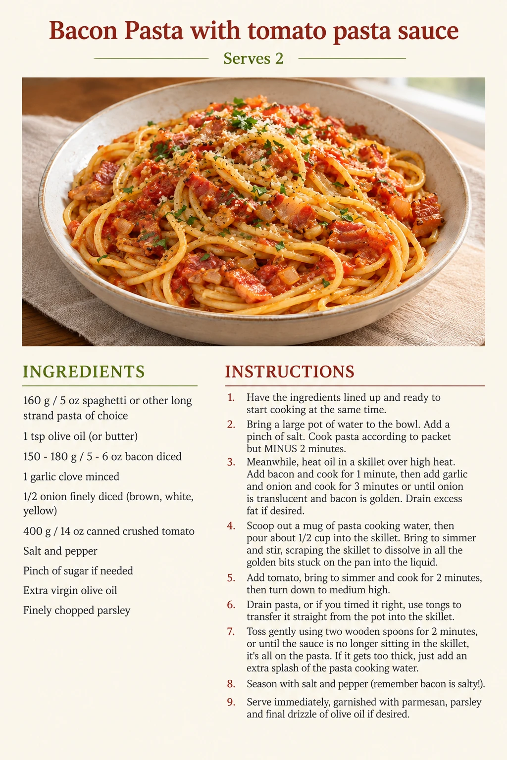 Saved Bacon Pasta with tomato pasta sauce recipe card; accessible ingredients and instructions are listed above.