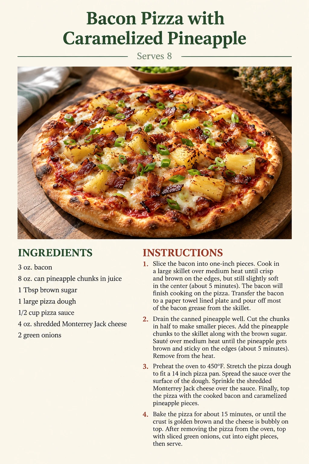 Saved Bacon Pizza with Caramelized Pineapple recipe card; accessible ingredients and instructions are listed above.