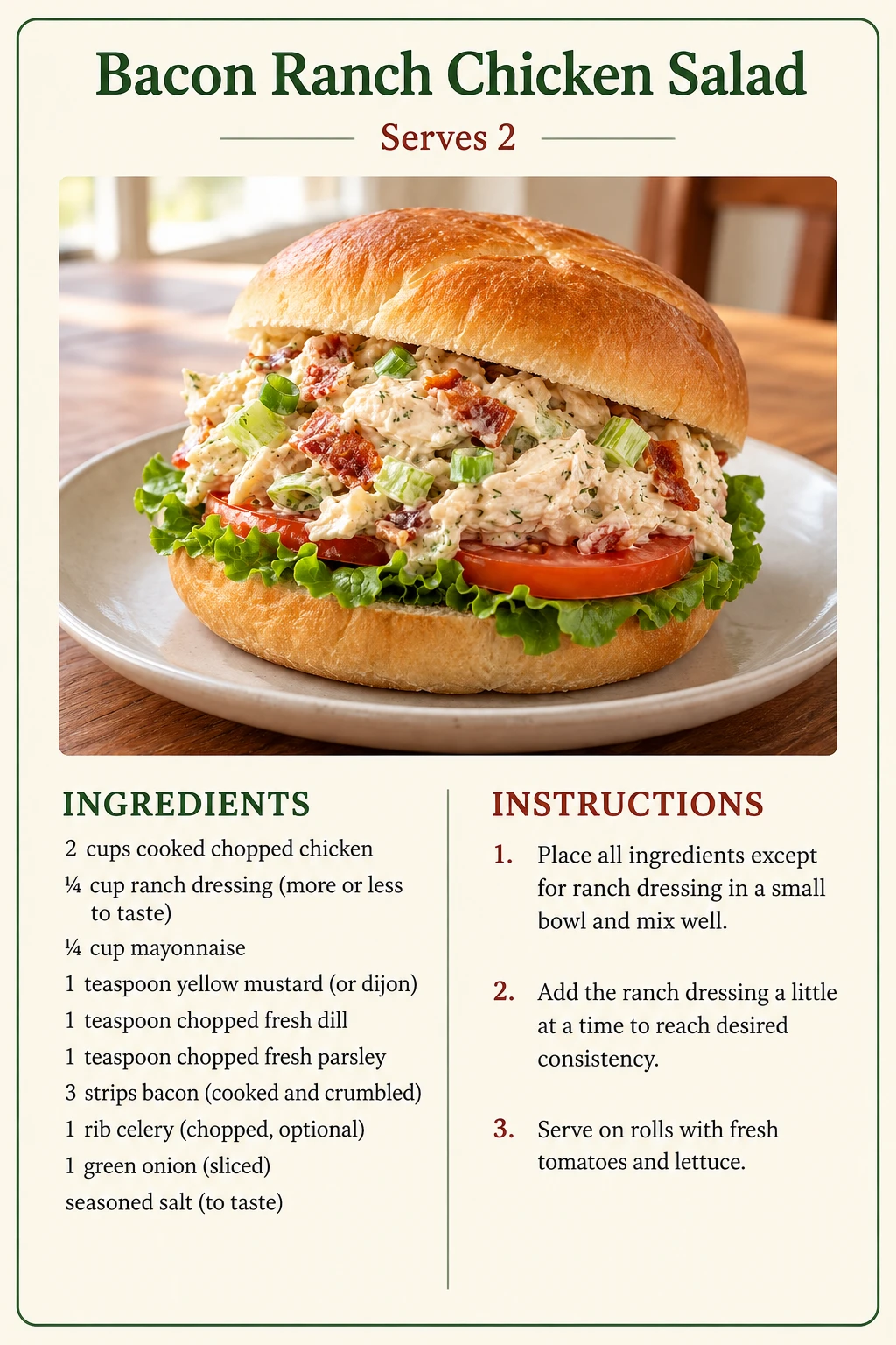 Saved Bacon Ranch Chicken Salad recipe card; accessible ingredients and instructions are listed above.