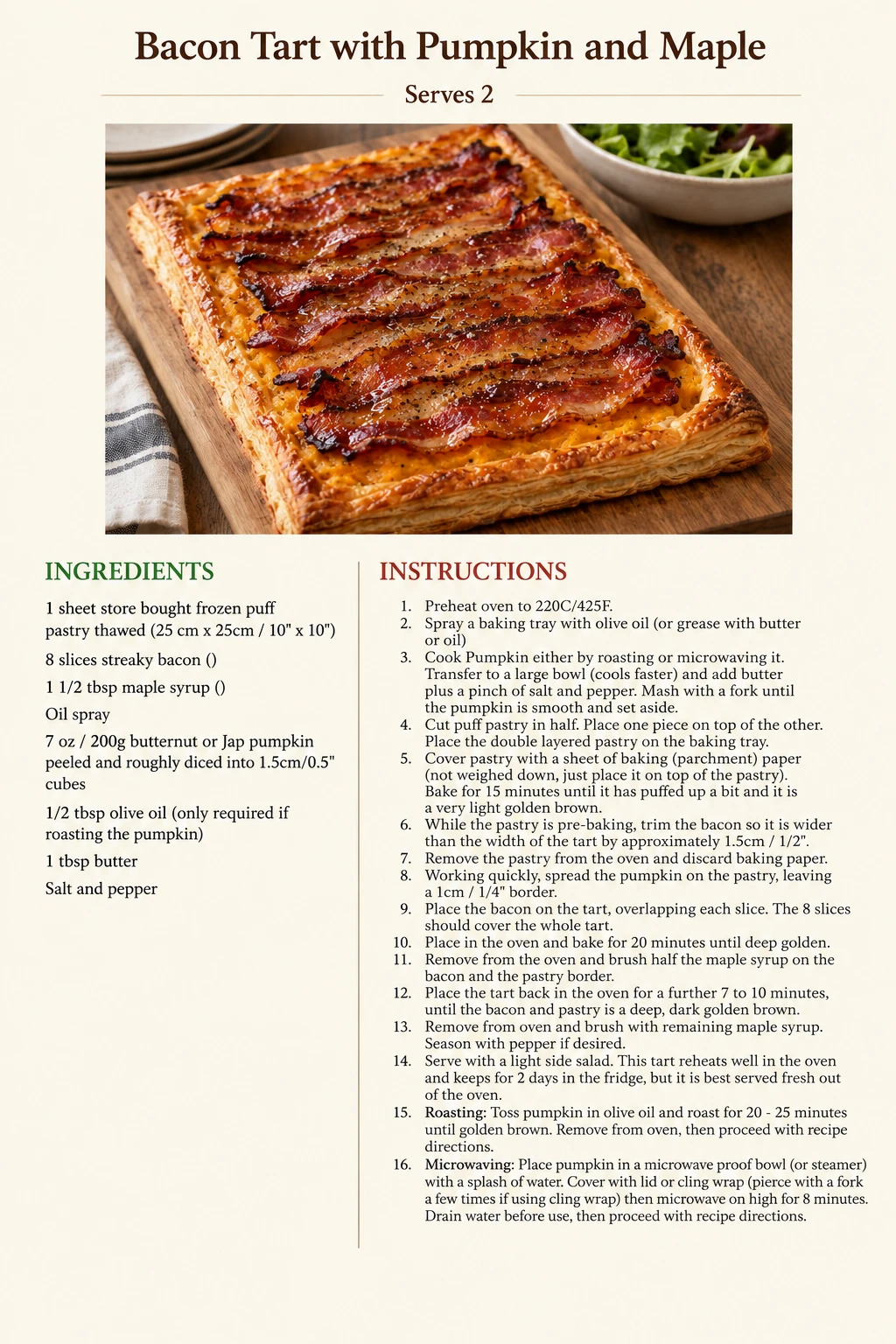Saved Bacon Tart with Pumpkin and Maple recipe card; accessible ingredients and instructions are listed above.