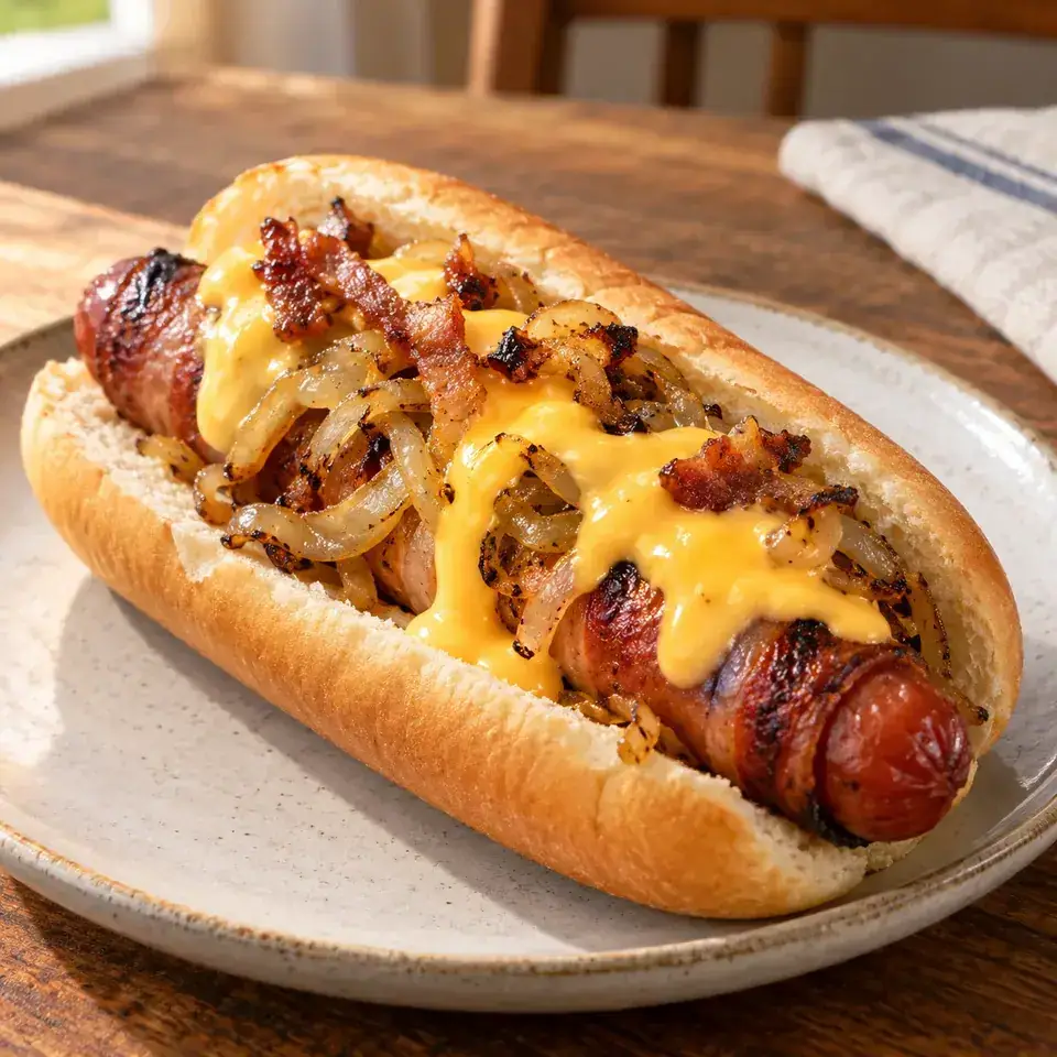 Bacon Wrapped Hot Dogs with Cheese Sauce — serving inspiration