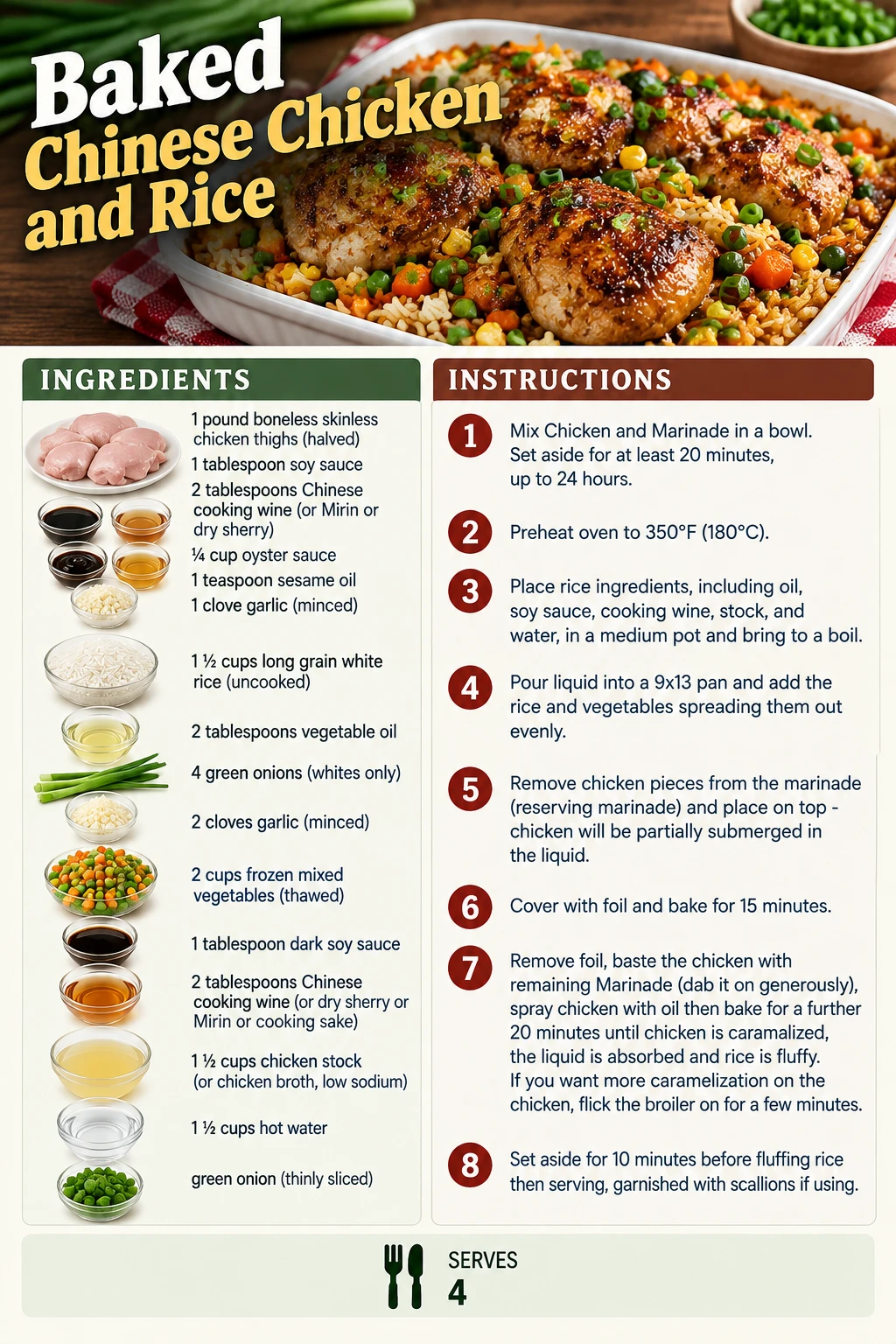 Saved Baked Chinese Chicken and Rice recipe card; accessible ingredients and instructions are listed above.