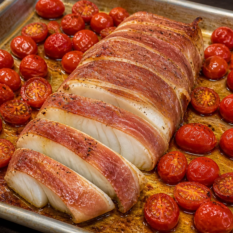 Baked Cod Wrapped in Prosciutto with Cherry Tomatoes — serving inspiration