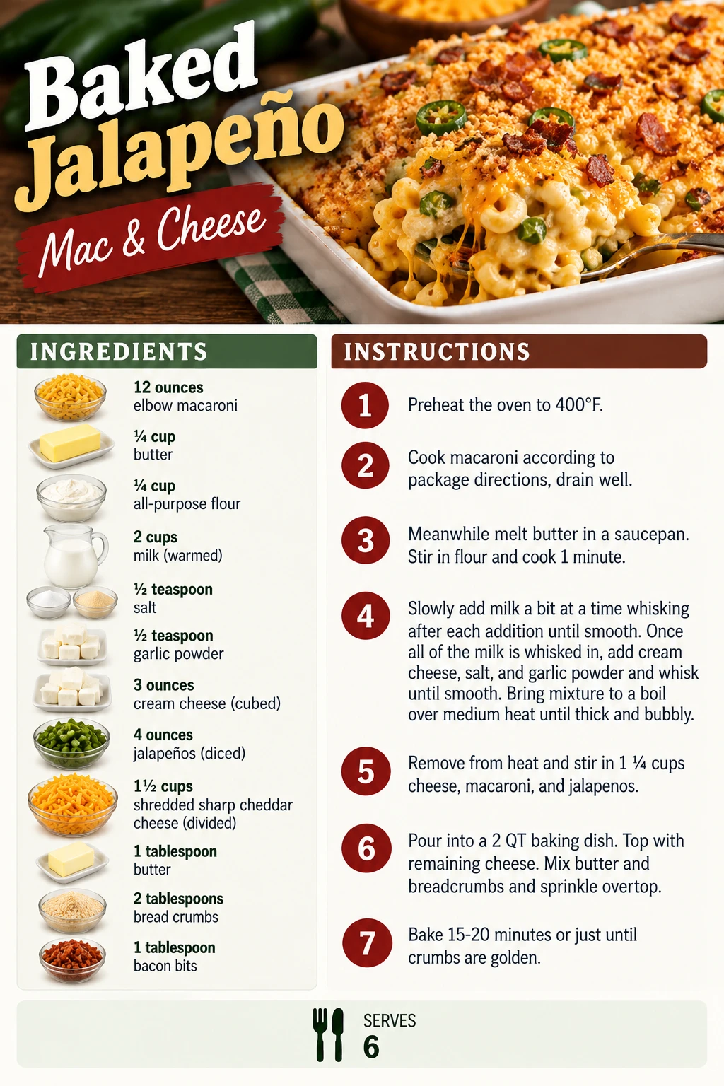 Saved Baked Jalapeño Mac & Cheese recipe card; accessible ingredients and instructions are listed above.