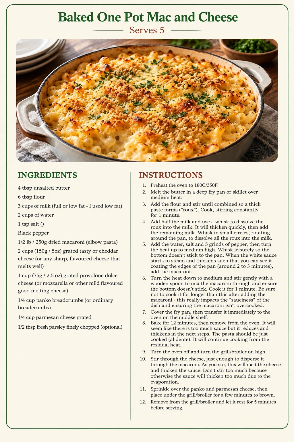 Saved Baked One Pot Mac and Cheese recipe card; accessible ingredients and instructions are listed above.