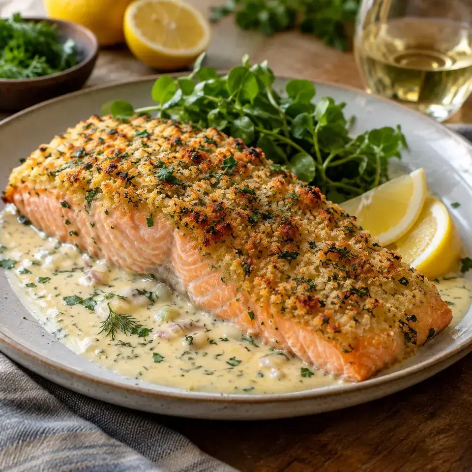 Baked Parmesan Crusted Salmon with Lemon Cream Sauce — serving inspiration