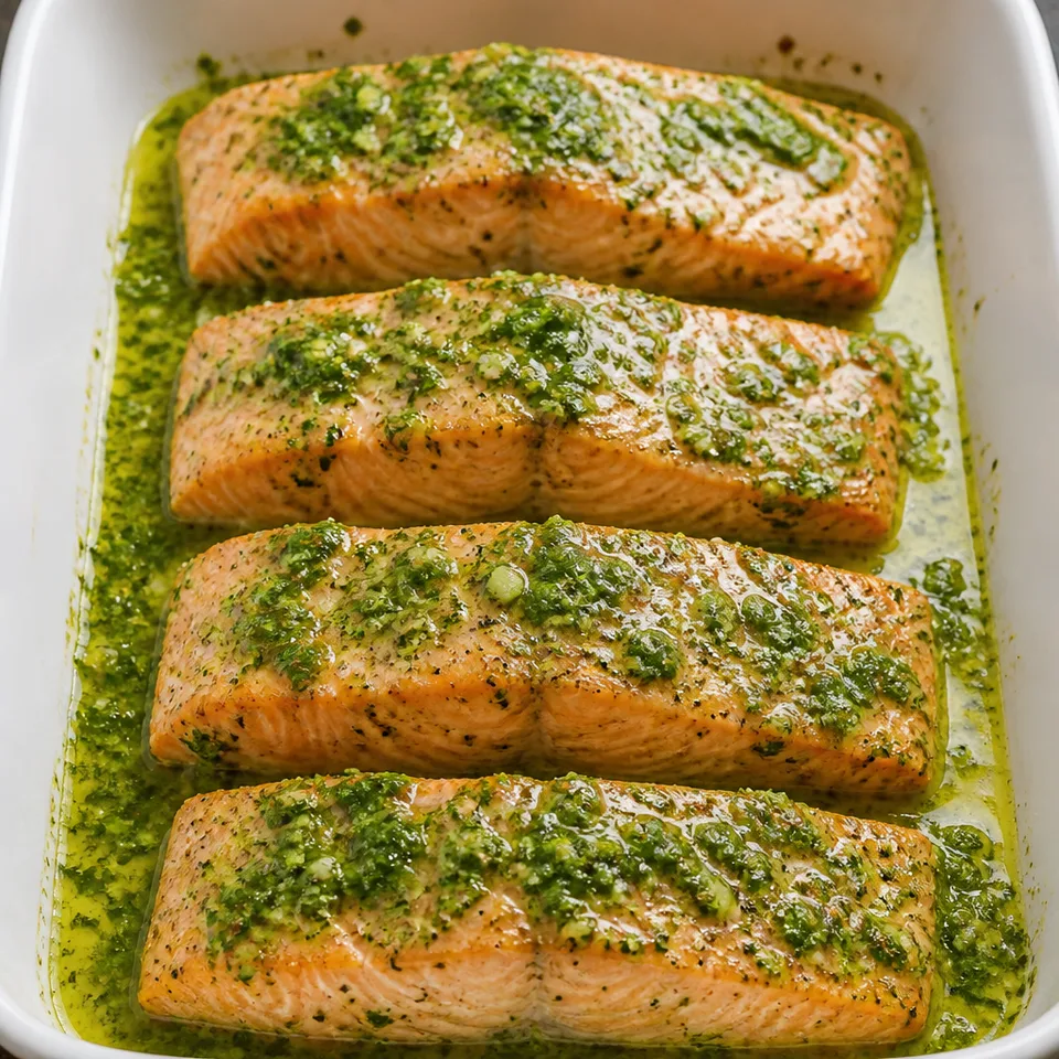 Baked Salmon with Cilantro-Garlic Oil Recipe — serving inspiration