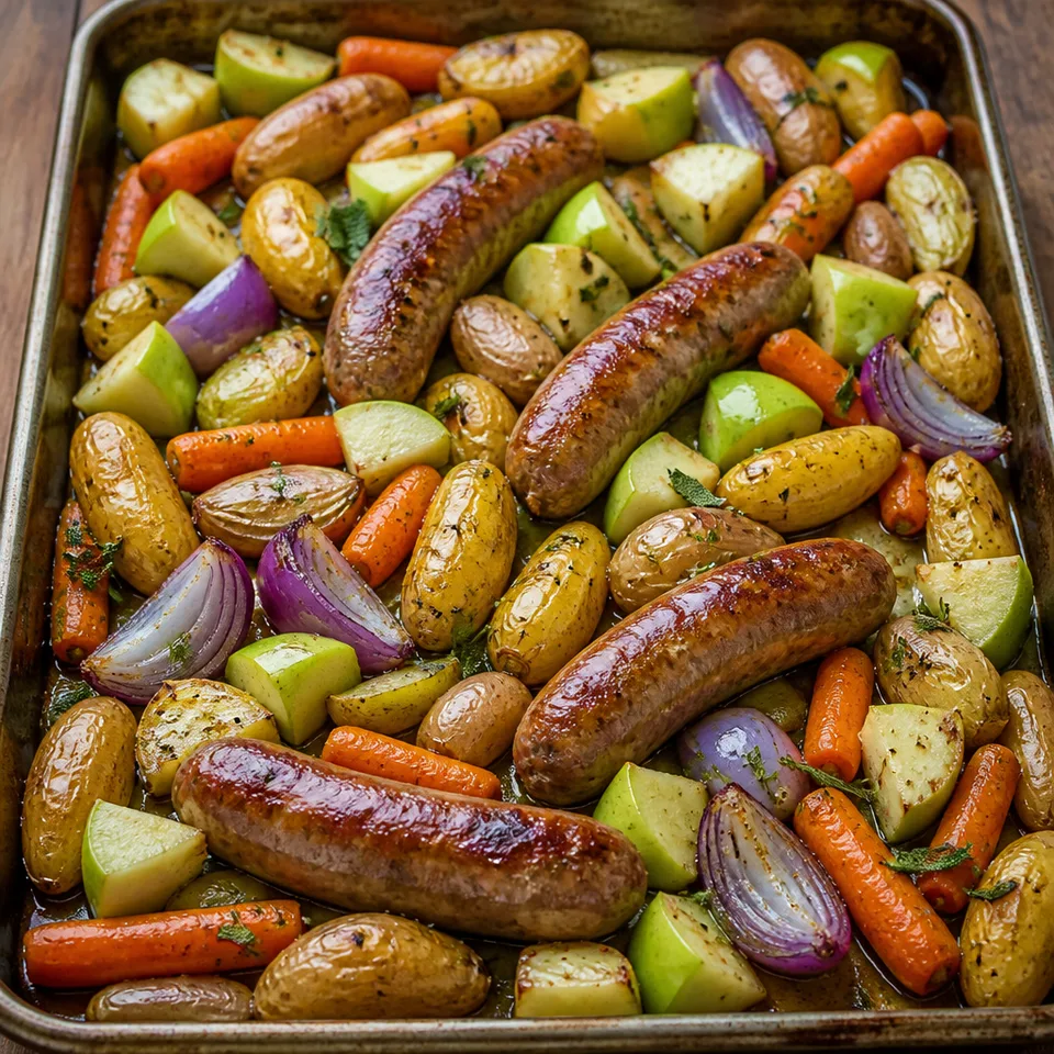 Baked Sausages with Apples Sheet Pan Dinner — serving inspiration