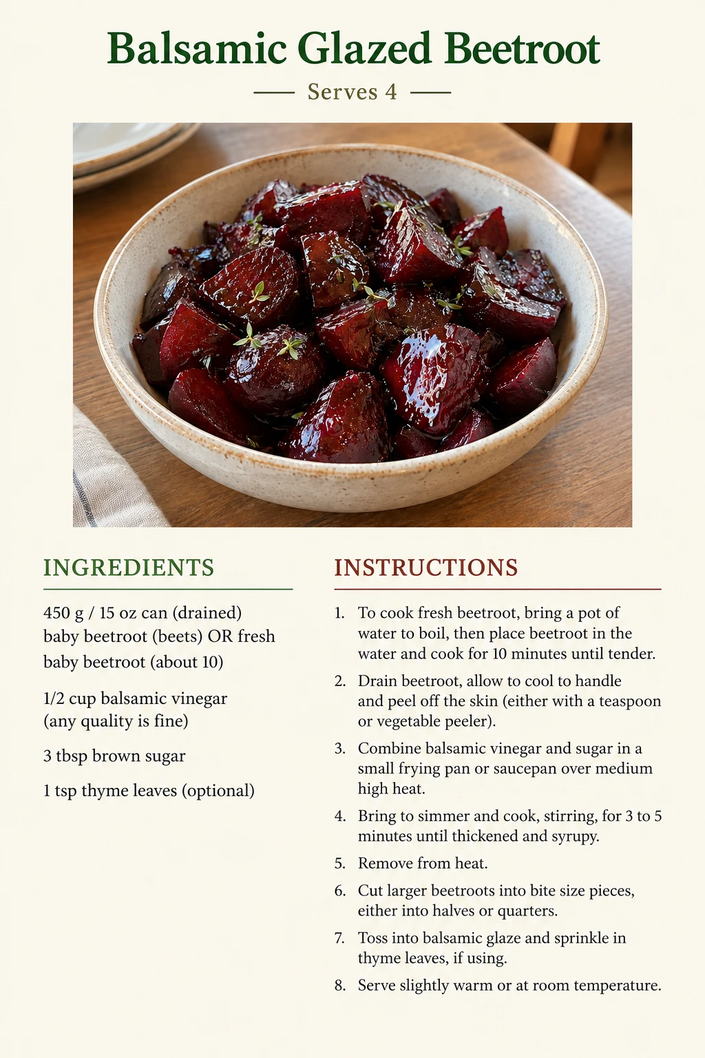 Saved Balsamic Glazed Beetroot recipe card; accessible ingredients and instructions are listed above.