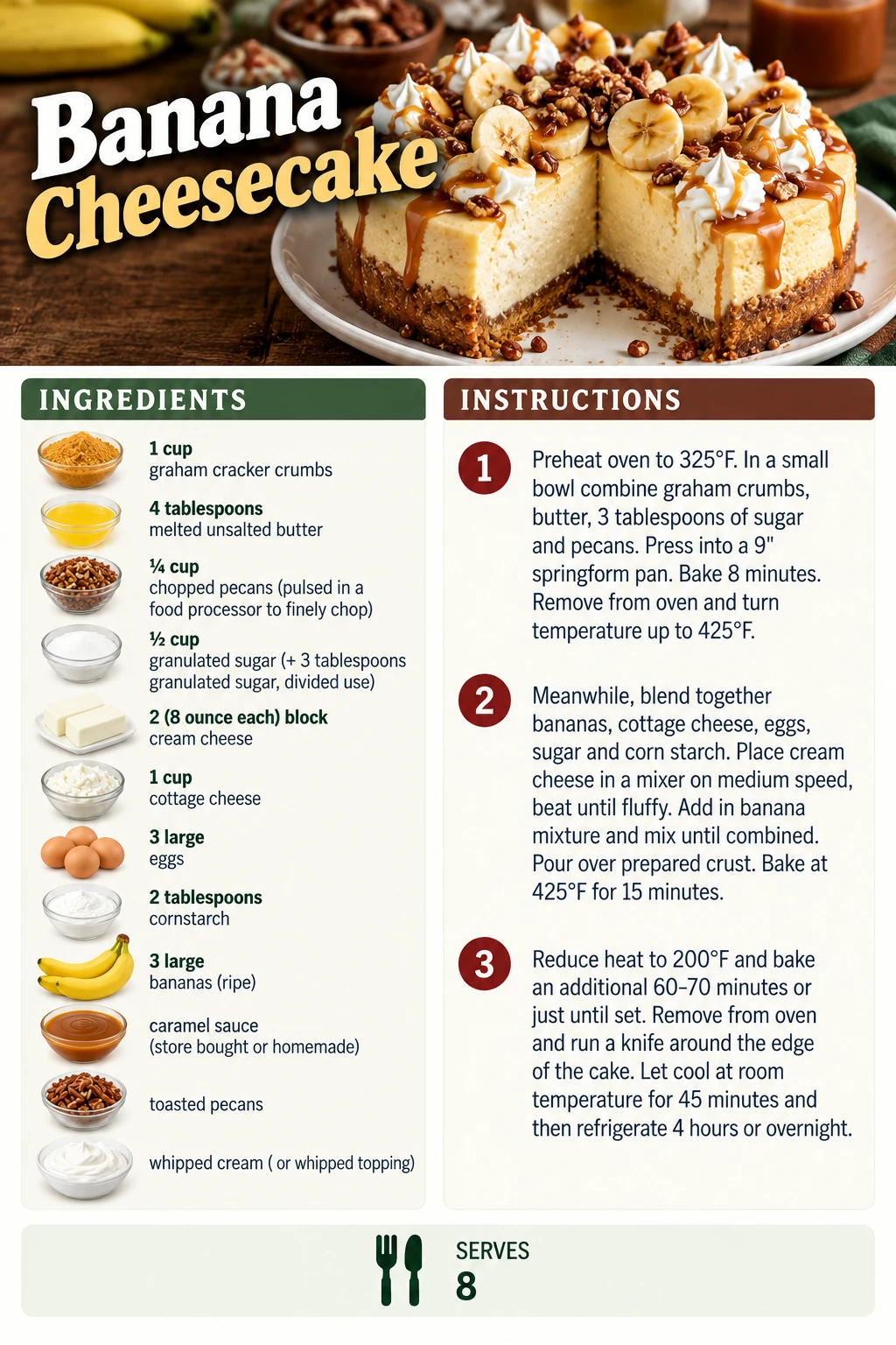 Saved Banana Cheesecake recipe card; accessible ingredients and instructions are listed above.
