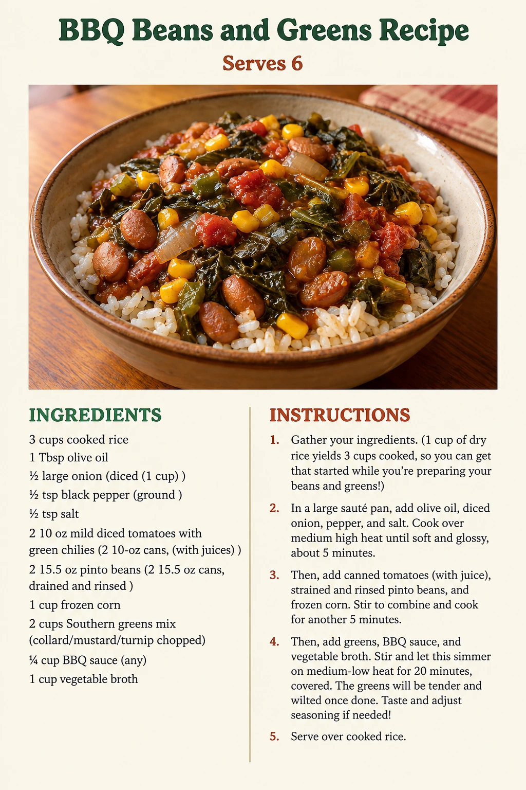 Saved BBQ Beans and Greens Recipe recipe card; accessible ingredients and instructions are listed above.
