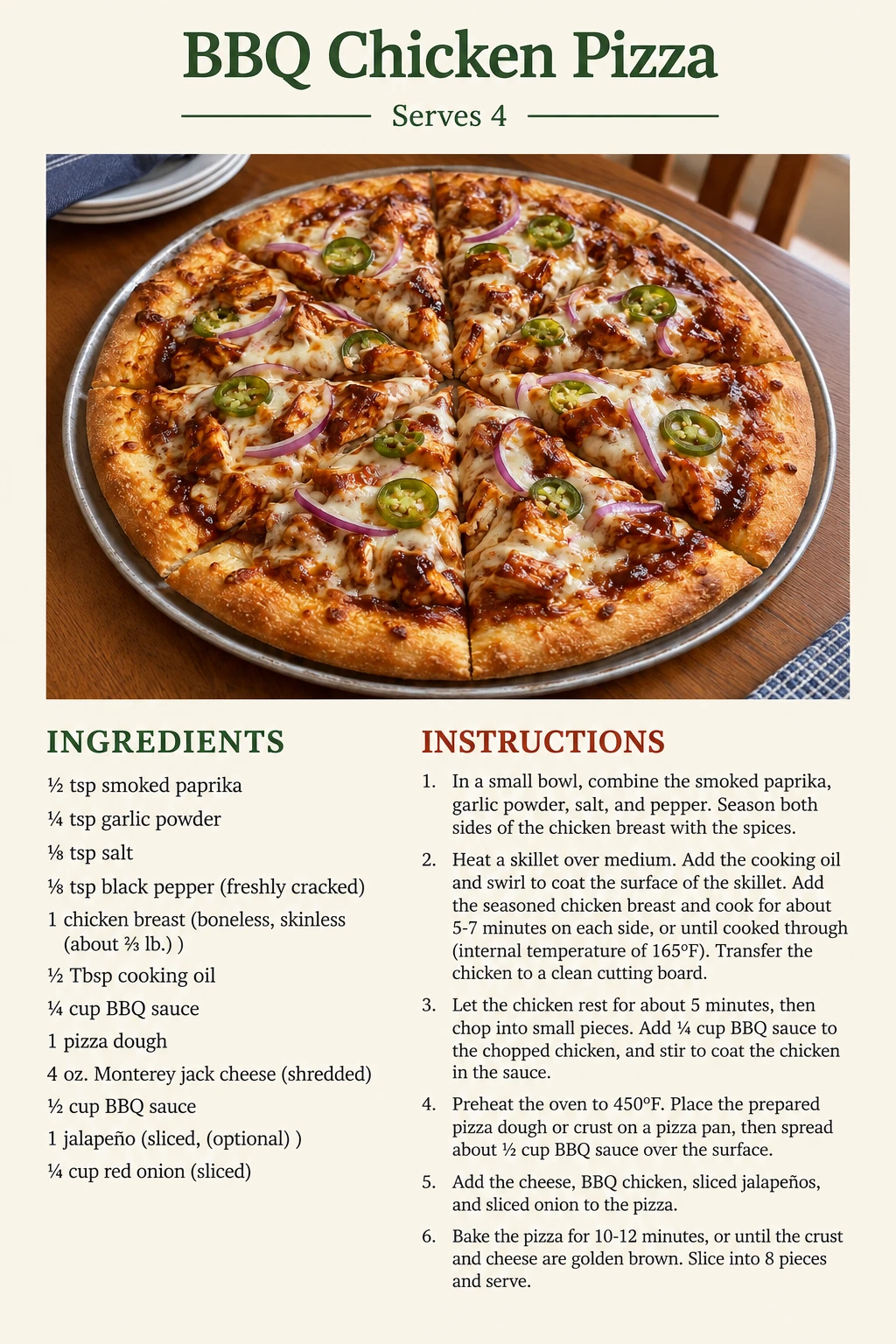 Saved BBQ Chicken Pizza recipe card; accessible ingredients and instructions are listed above.