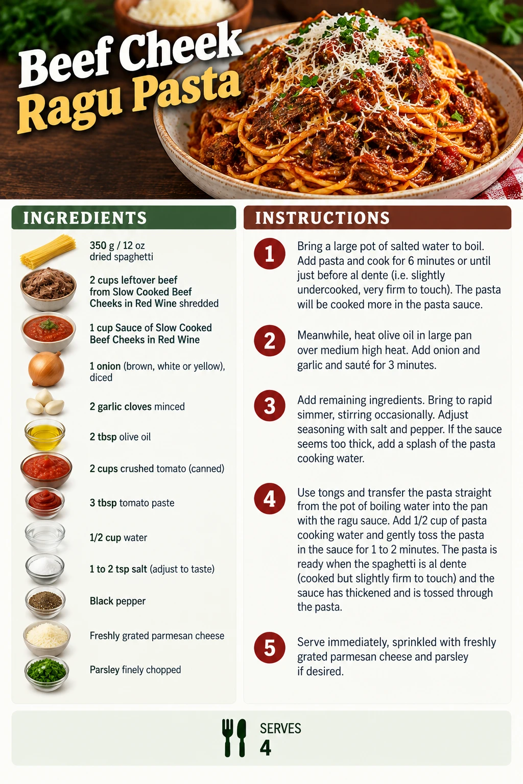Saved Beef Cheek Ragu Pasta recipe card; accessible ingredients and instructions are listed above.