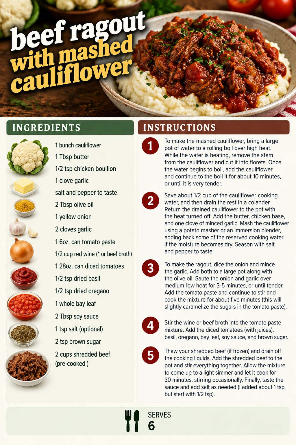 Saved beef ragout with mashed cauliflower recipe card; accessible ingredients and instructions are listed above.