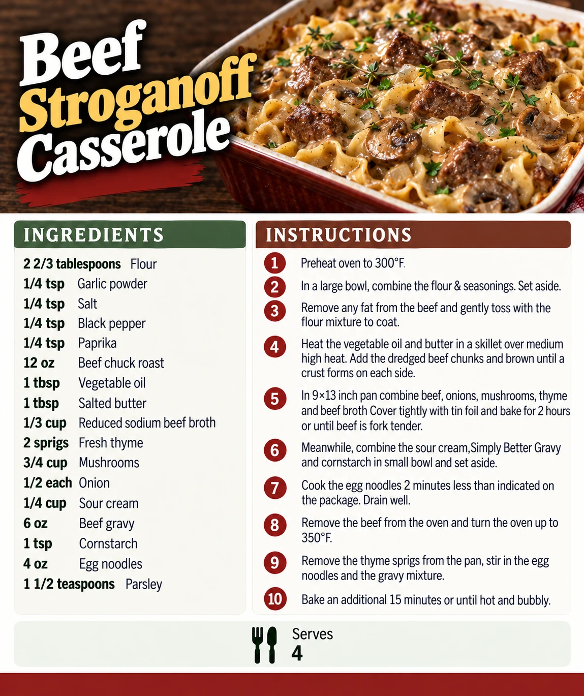 Saved Beef Stroganoff Casserole recipe card; accessible ingredients and instructions are listed above.