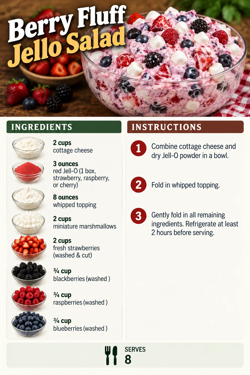 Saved Berry Fluff Jello Salad recipe card; accessible ingredients and instructions are listed above.