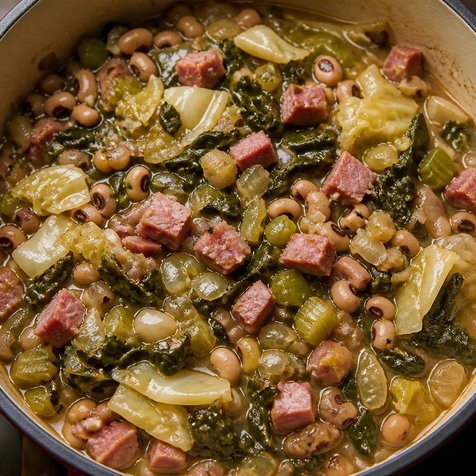 Black-Eyed Peas with Leftover Ham Bone, Collard Greens & Cabbage — serving inspiration