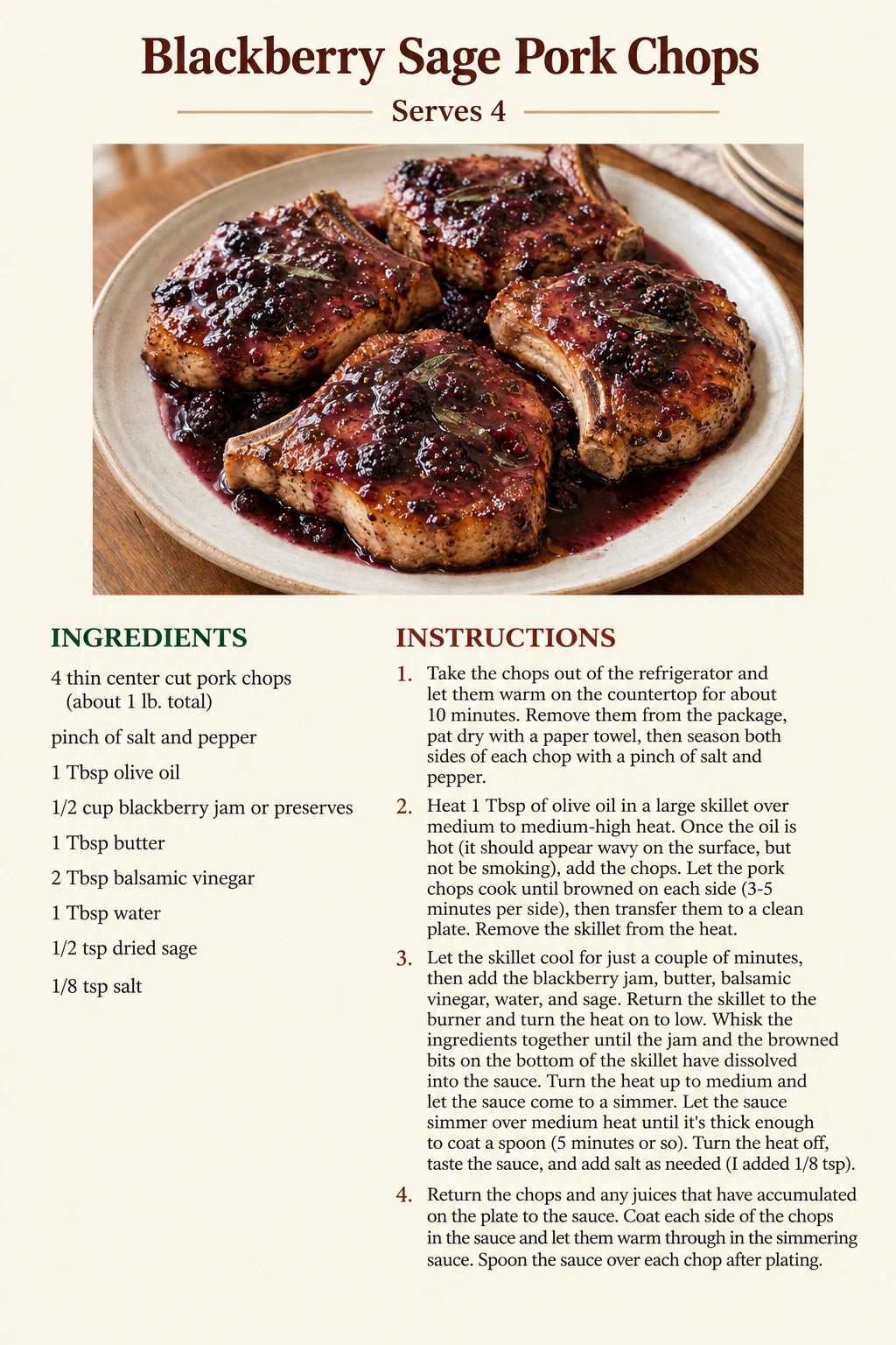 Saved Blackberry Sage Pork Chops recipe card; accessible ingredients and instructions are listed above.