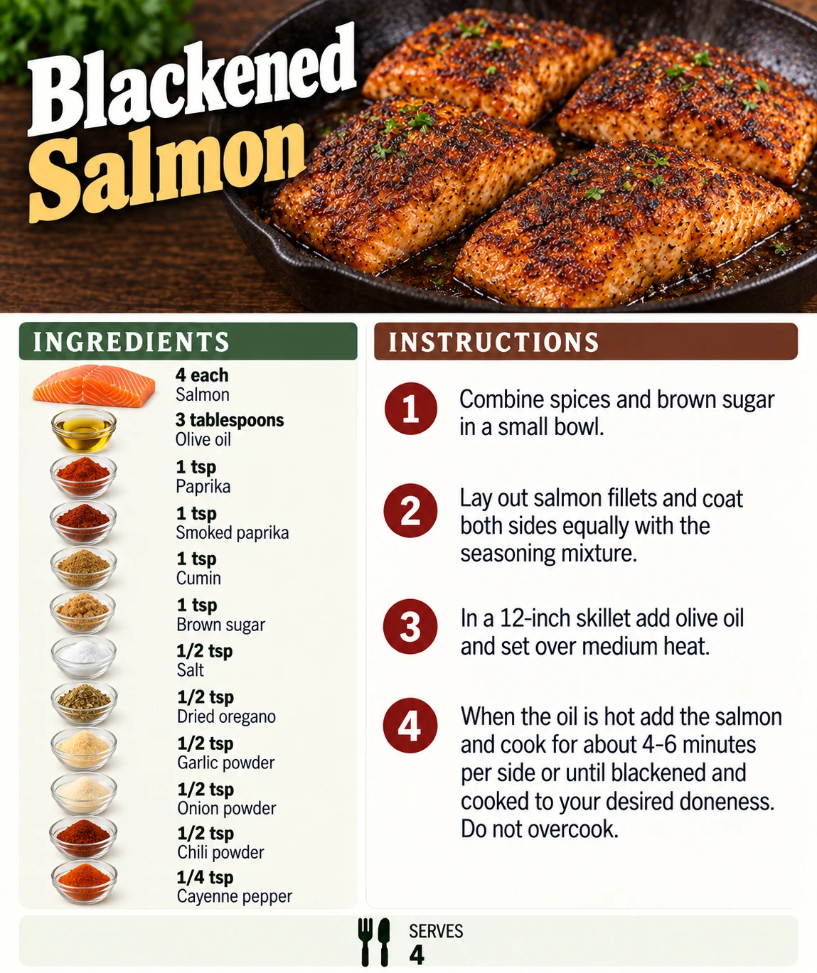 Saved Blackened Salmon recipe card; accessible ingredients and instructions are listed above.