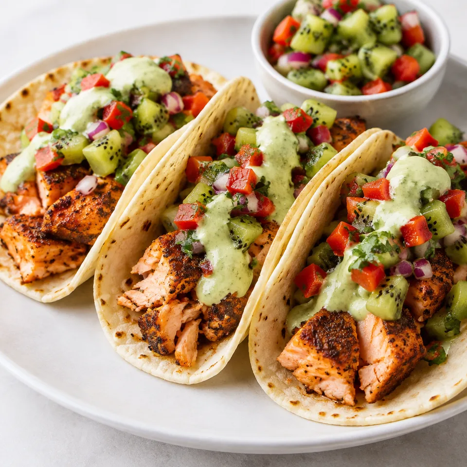 Blackened Salmon Tacos with Kiwi Pepper Salsa — serving inspiration