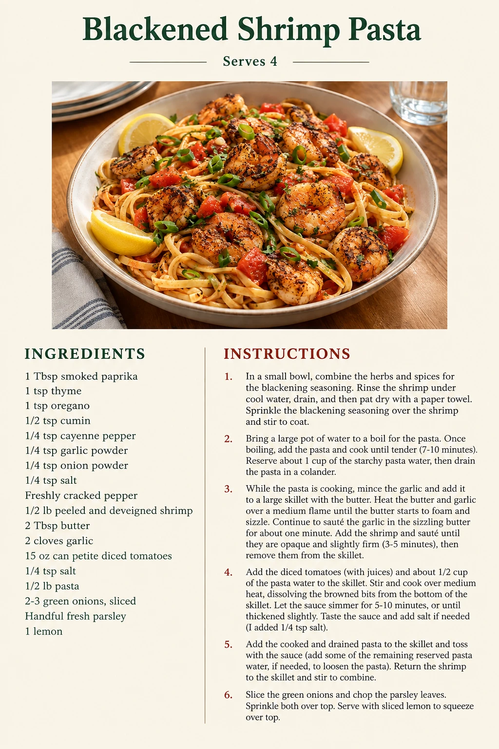 Saved Blackened Shrimp Pasta recipe card; accessible ingredients and instructions are listed above.