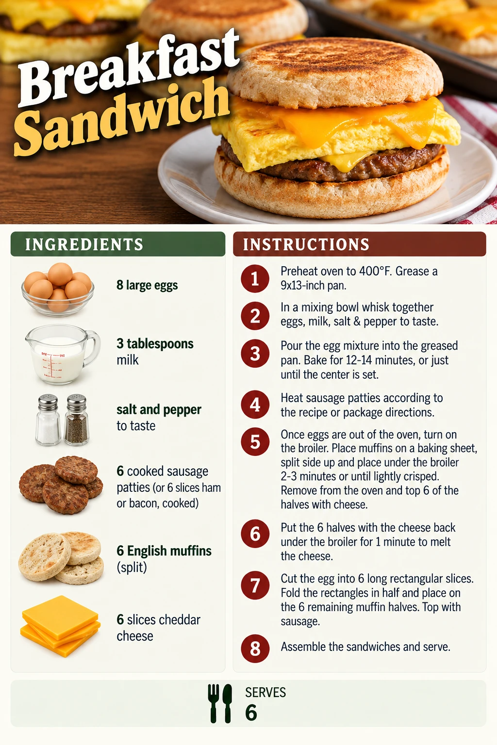 Saved Breakfast Sandwich recipe card; accessible ingredients and instructions are listed above.