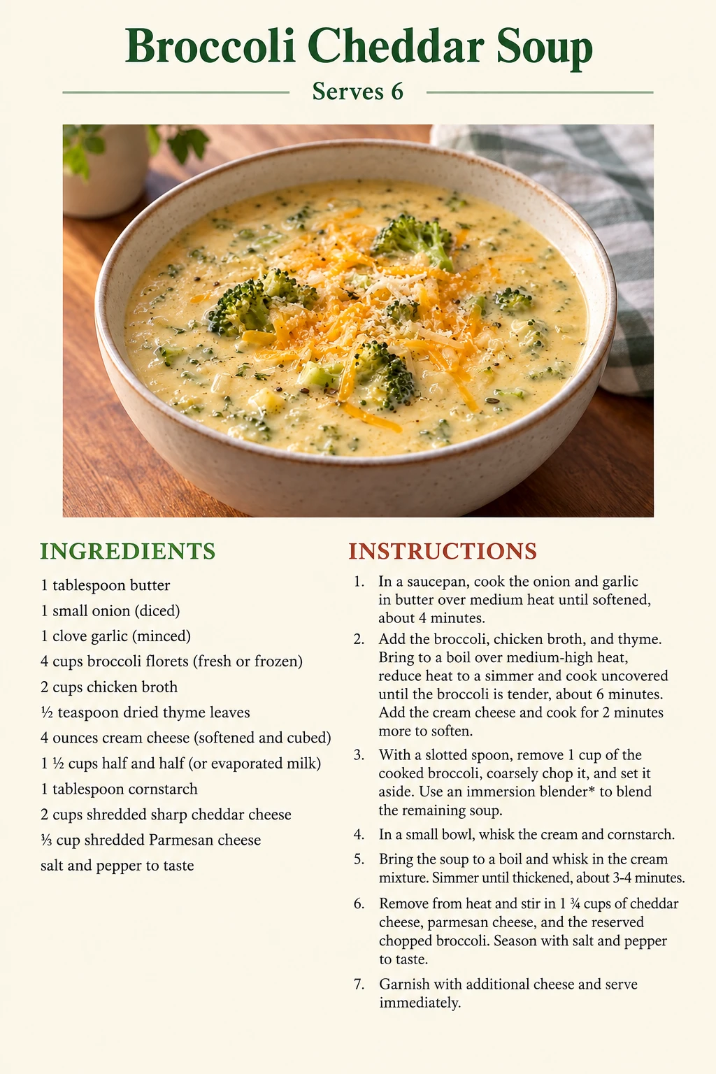 Saved Broccoli Cheddar Soup recipe card; accessible ingredients and instructions are listed above.