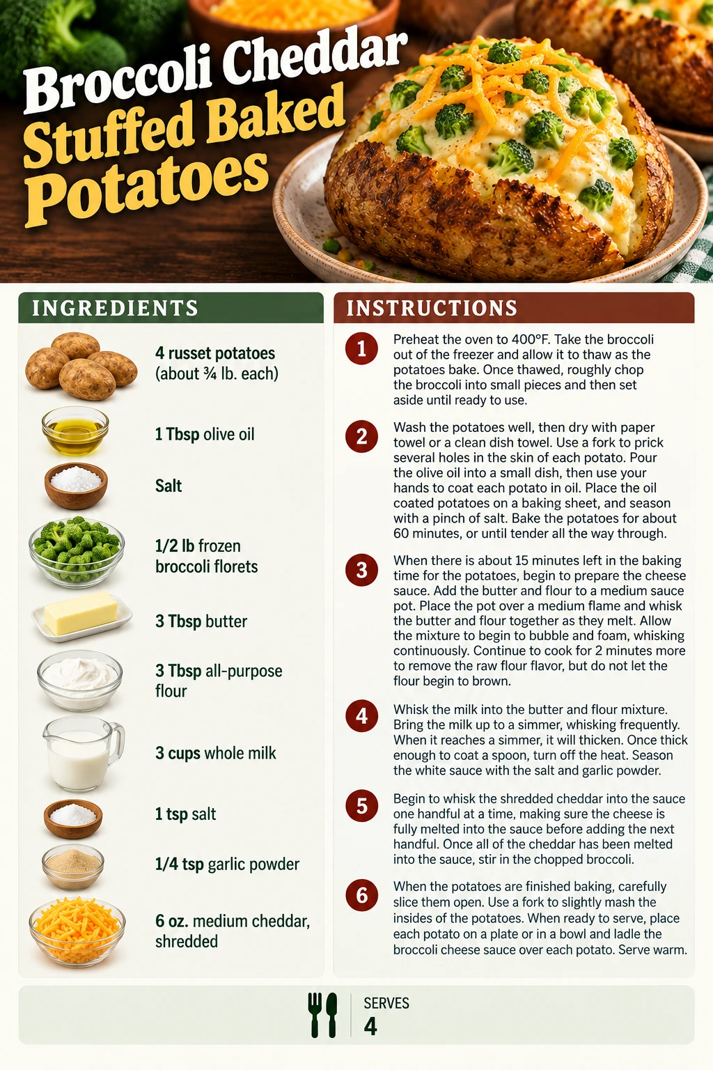 Saved Broccoli Cheddar Stuffed Baked Potatoes recipe card; accessible ingredients and instructions are listed above.