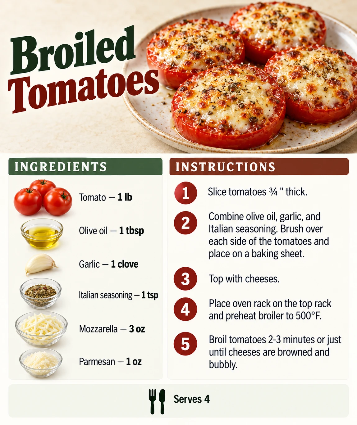 Saved Broiled Tomatoes recipe card; accessible ingredients and instructions are listed above.