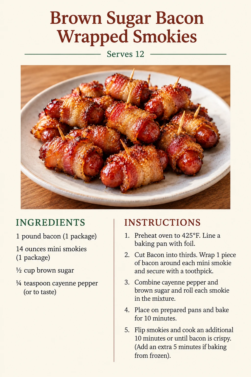 Saved Brown Sugar Bacon Wrapped Smokies recipe card; accessible ingredients and instructions are listed above.