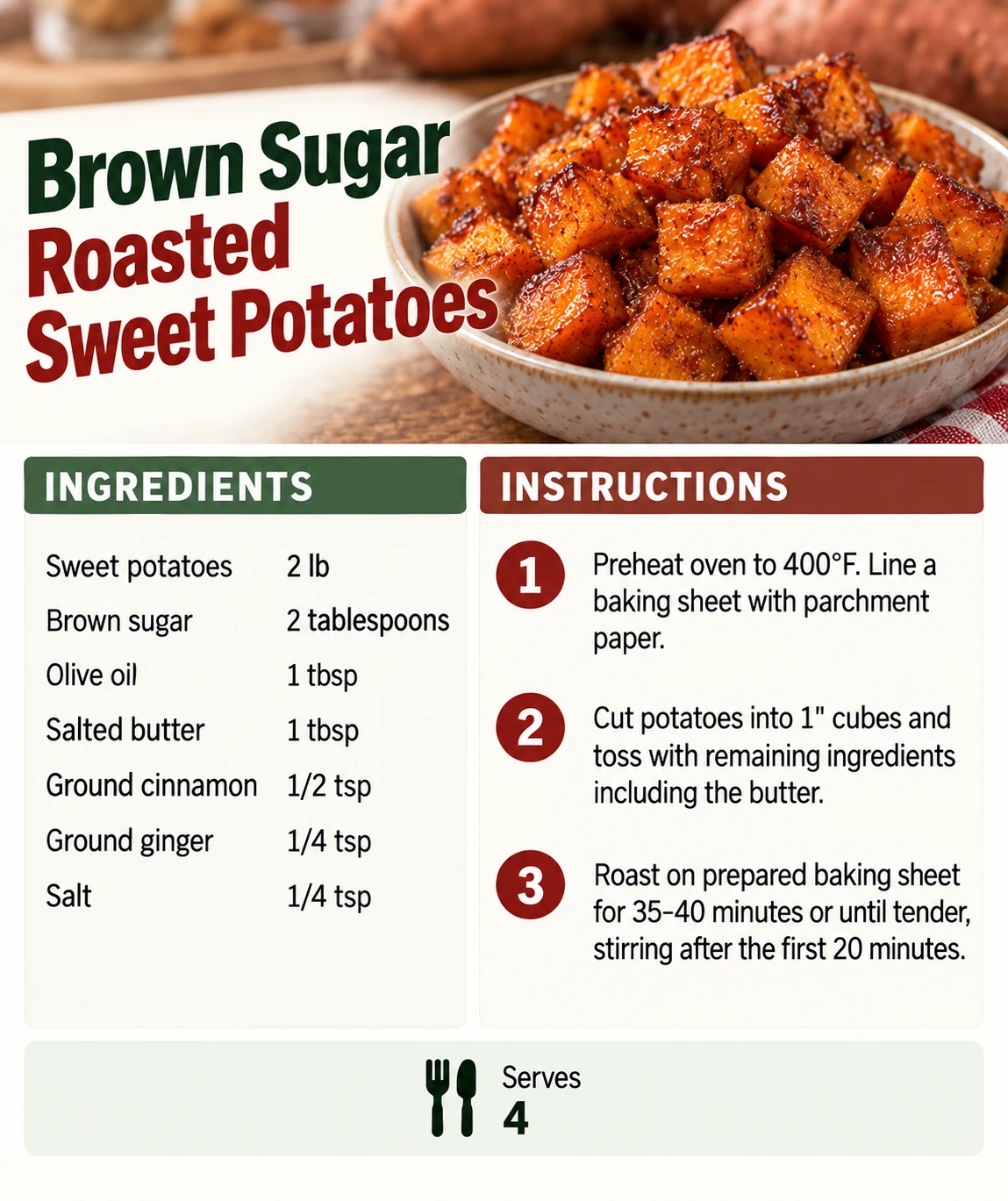 Saved Brown Sugar Roasted Sweet Potatoes recipe card; accessible ingredients and instructions are listed above.