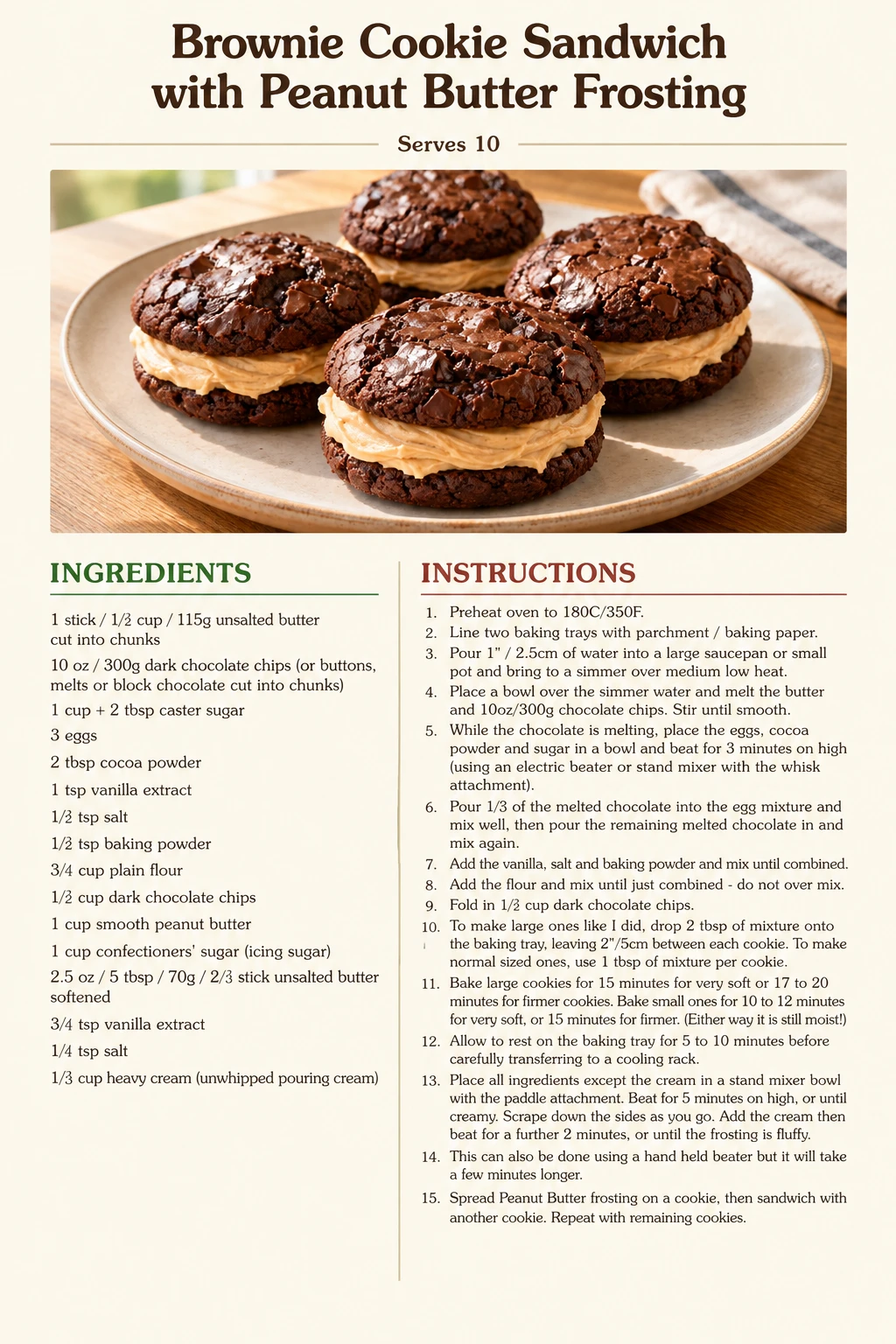 Saved Brownie Cookie Sandwich with Peanut Butter Frosting recipe card; accessible ingredients and instructions are listed above.