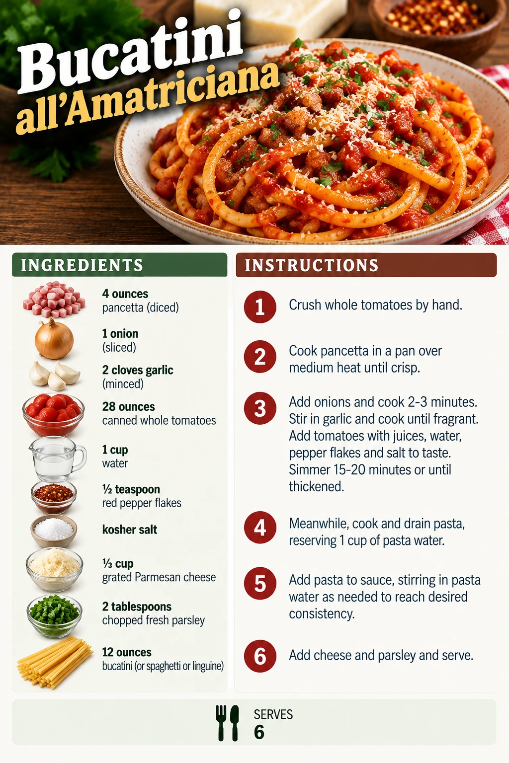 Saved Bucatini all'Amatriciana recipe card; accessible ingredients and instructions are listed above.