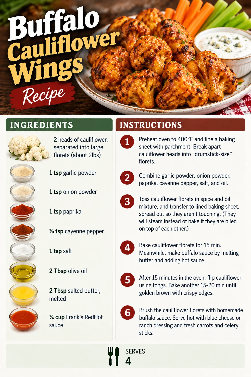 Saved Buffalo Cauliflower Wings Recipe recipe card; accessible ingredients and instructions are listed above.