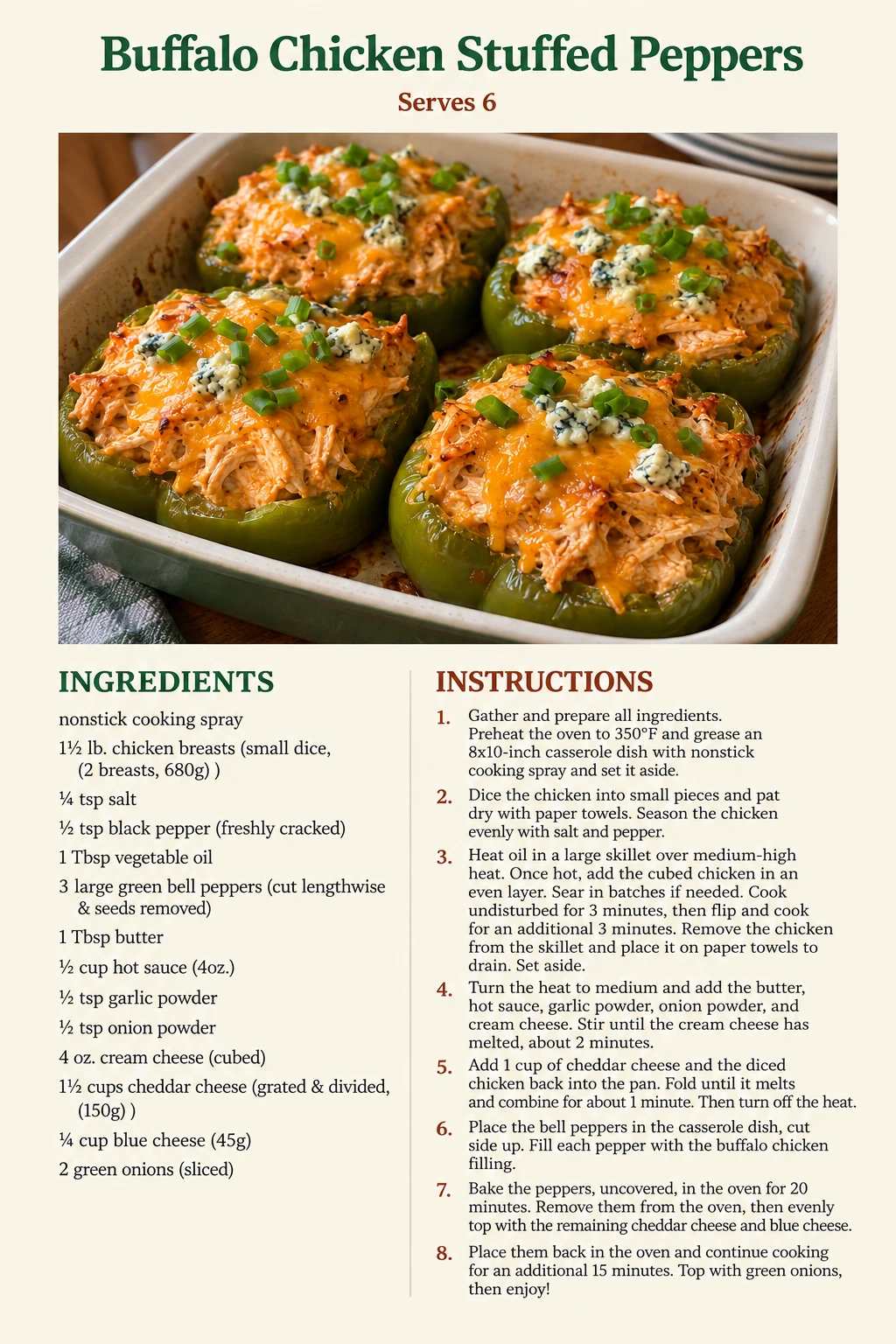 Saved Buffalo Chicken Stuffed Peppers recipe card; accessible ingredients and instructions are listed above.